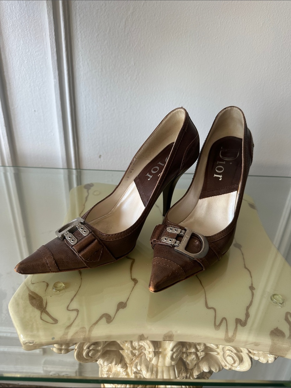 Dior Chocolate Brown Pointed-Toe Buckle Heels